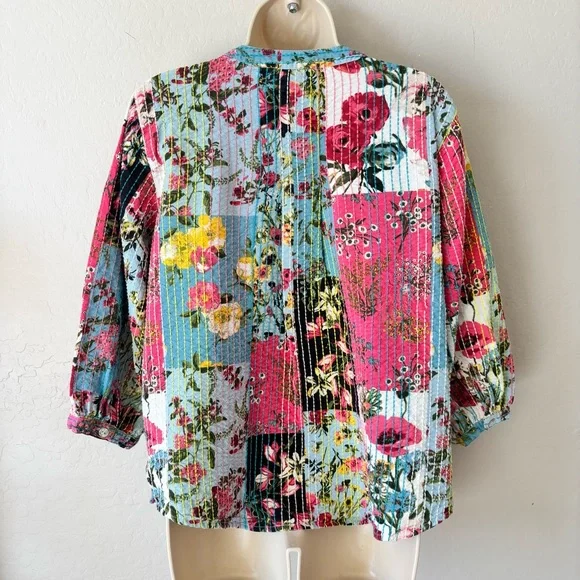 John Mark Multicolor patchwork kantha style Floral split neck 3/4 Sleeve Top - Picture 10 of 14